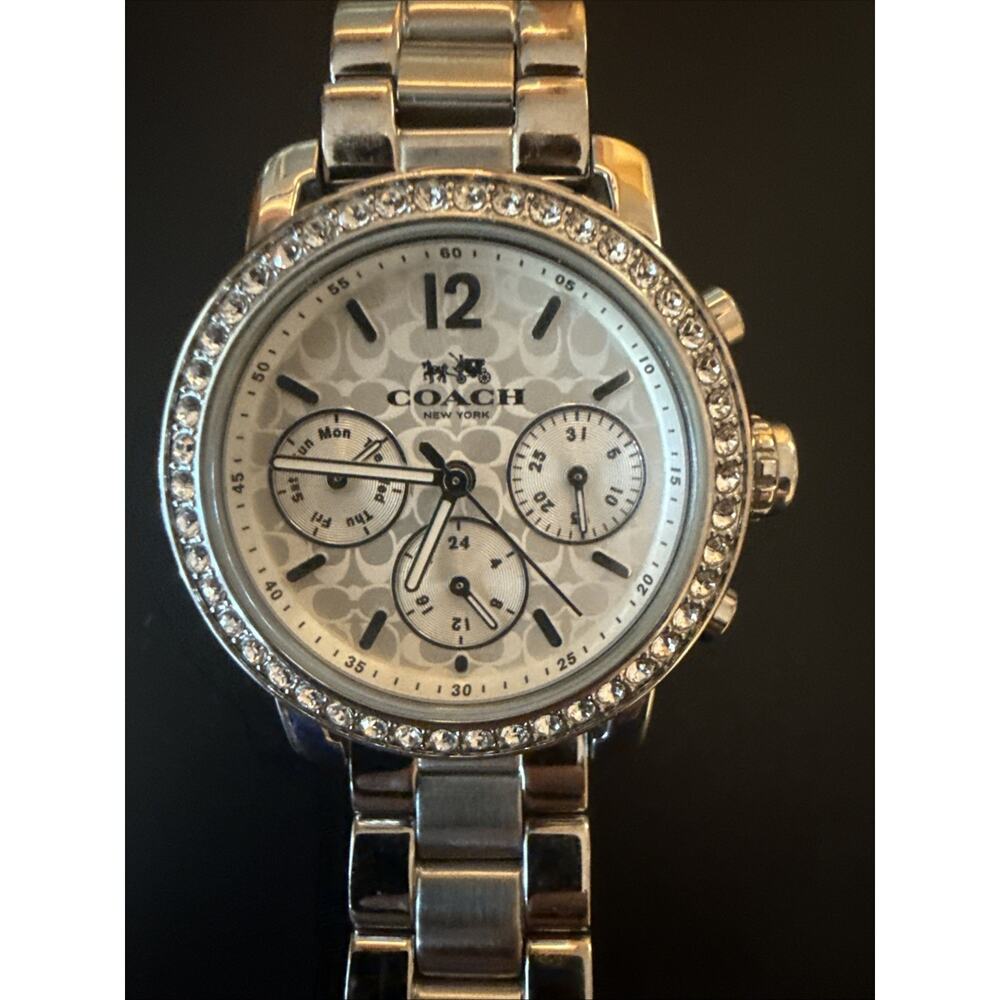 Coach Legacy Sport 14502369 Ladies Watch Silver Signature C Dial Crystal Bezel